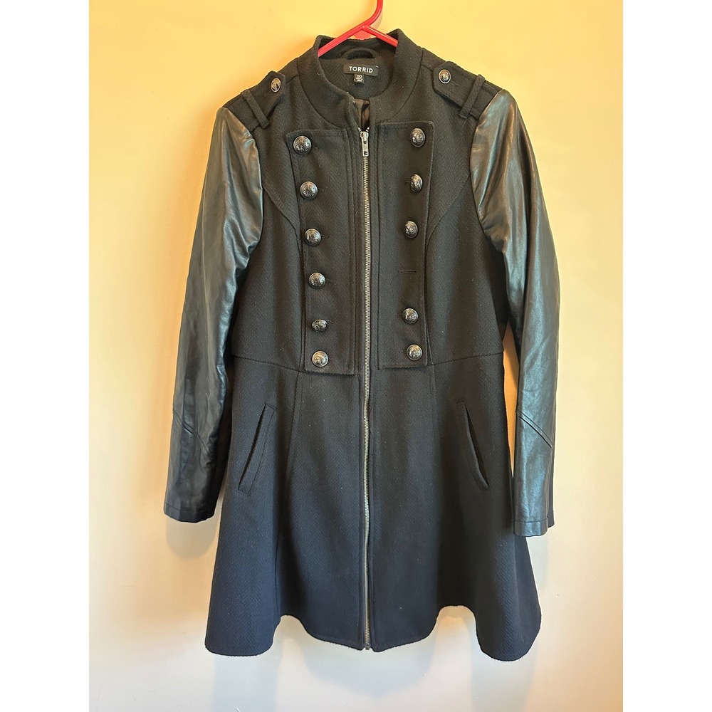 Torrid Black Military Faux Leather Sleeve Coat 00 Plus Size Gothic Flare Jacket